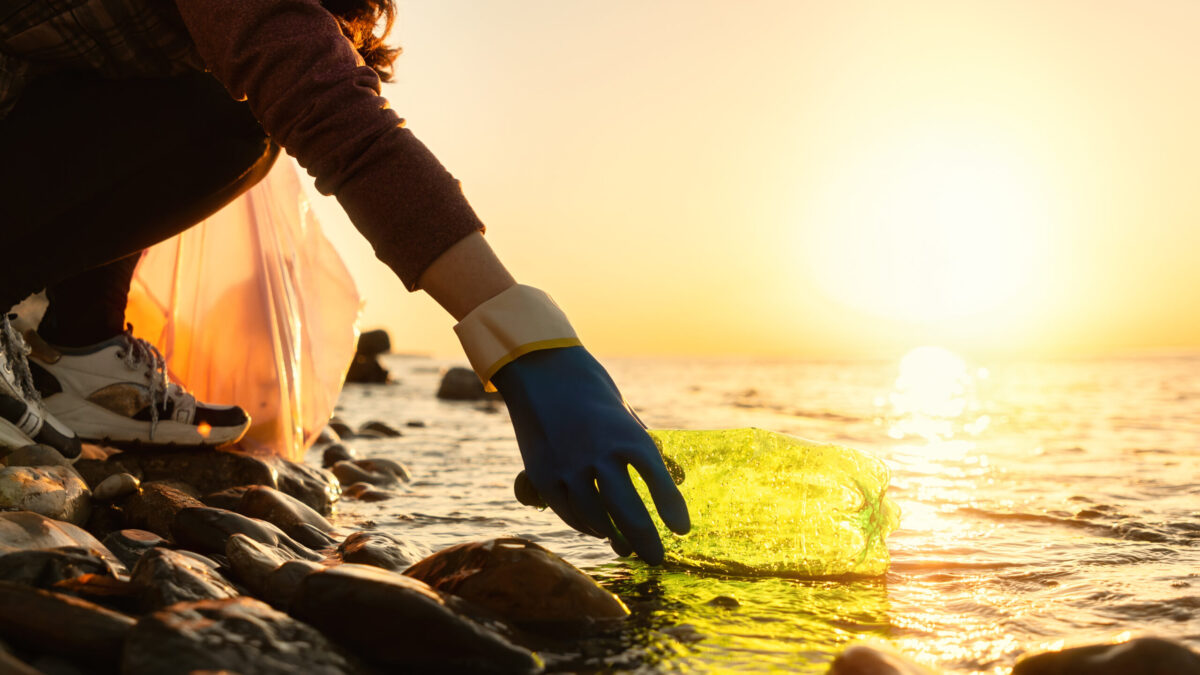 Coastal cleanup and garbage collection for recycling. A woman volunteer collects plastic bottle by the sea or river, closeup of hand. Low angle view. World environment day and Earth day concept.