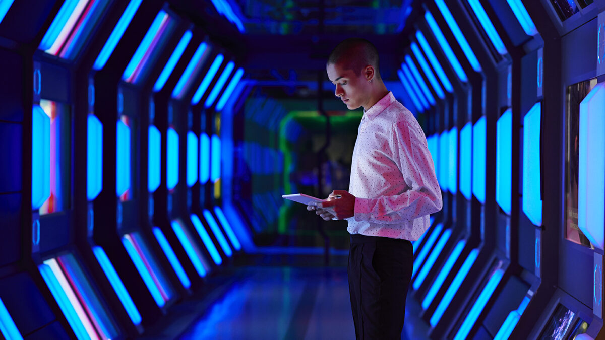 Modern chic business people working in an incredible futuristic & original office space